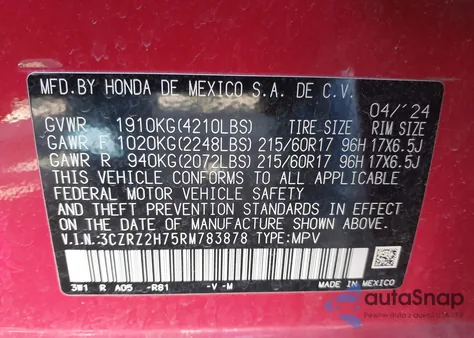 2024 Honda Hr-V z USA, uszkodzony, nr VIN 3CZRZ2H75RM783878